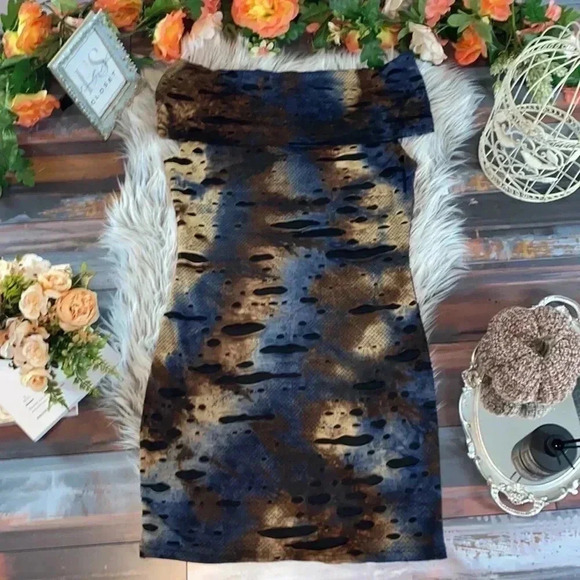 Samuel Dong Cowl Neck Brown and Blue Post Ripped Dress, L - Picture 6 of 9